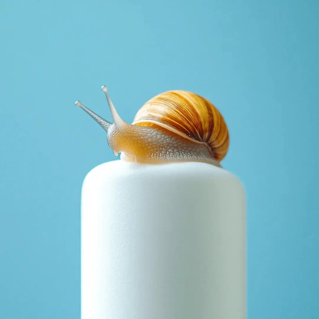 Pequeño caracol de concha ámbar a rayas sobre un frasco blanco de cuidado facial ante un fondo azul cielo