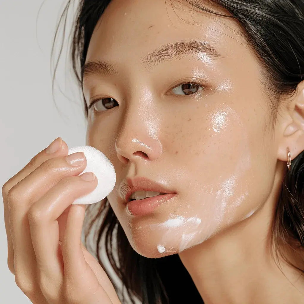 Close-up of a woman with dewy skin and foamy cleanser on her cheek, dabbing her face with a white cleansing sponge