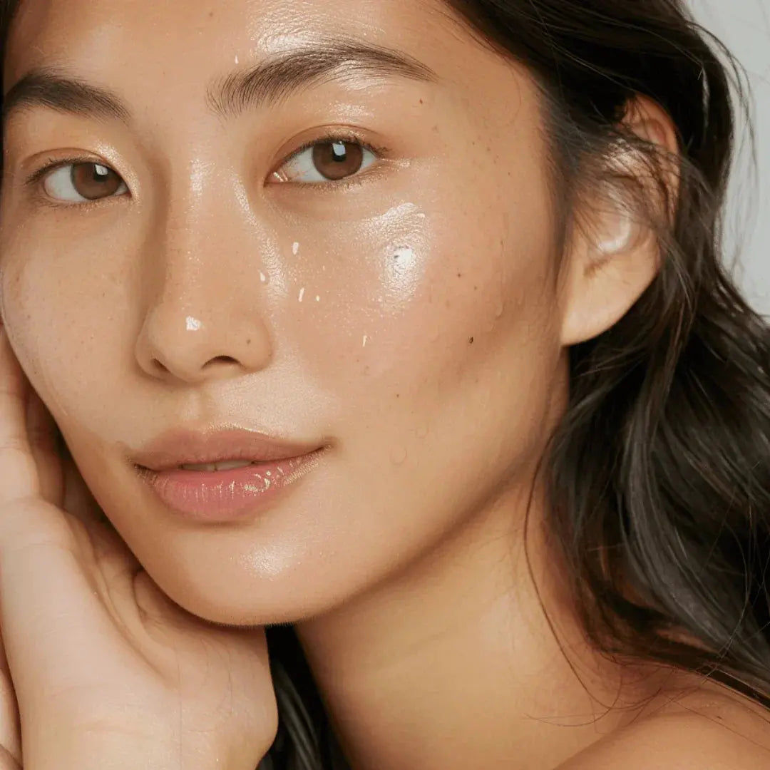 Close-up of a woman resting her face on her hand, with dewy skin and small dots of moisturizer on her cheek