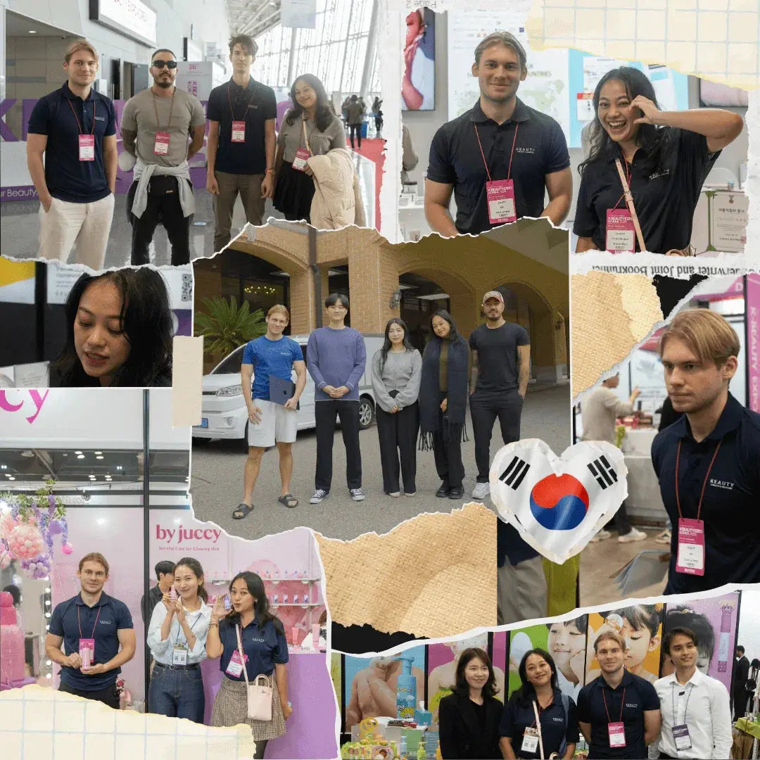 Collage eines Teams in gleichen marineblauen Poloshirts auf einer koreanischen Beauty-Messe, mit Ständen und einem Herzen mit Korea-Flagge