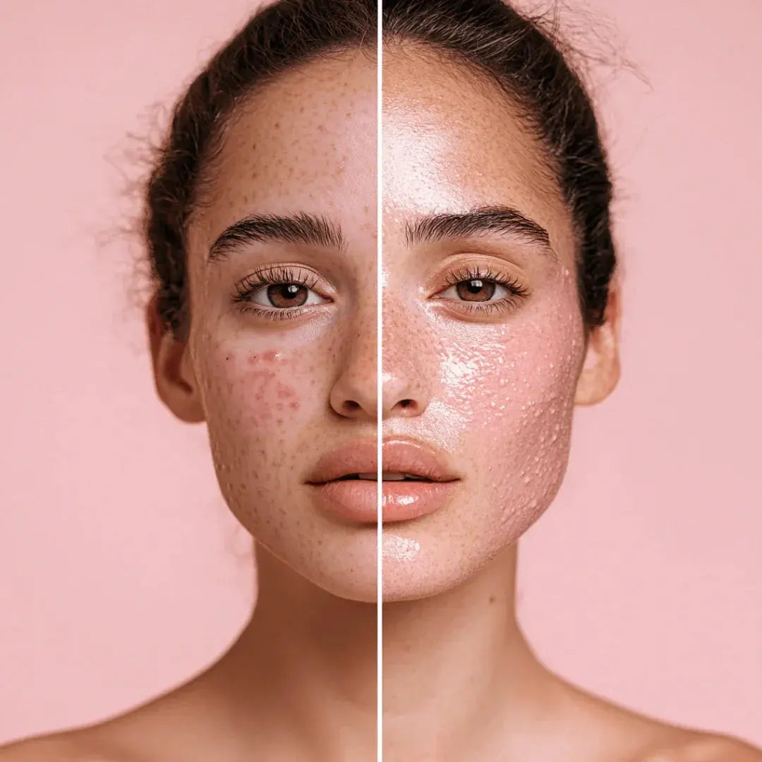 Split-face comparison on a pink background, one side of the face with redness and the other shiny with small bumps