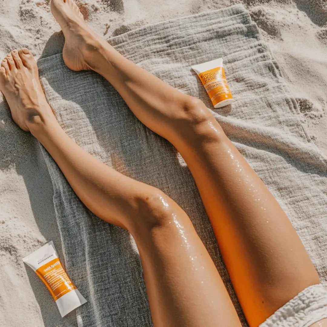 Legs with a sunscreen sheen on a grey towel on a sandy beach, with two orange and white sunscreen tubes beside them