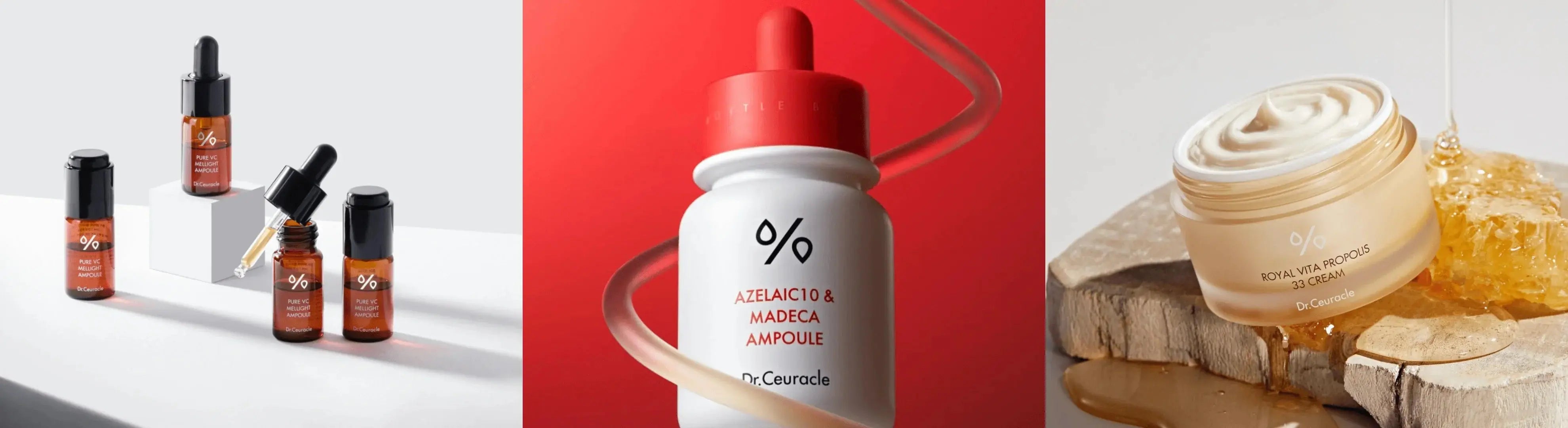 Dr. Ceuracle skincare products featuring ampoules and a cream for effective skin care solutions.