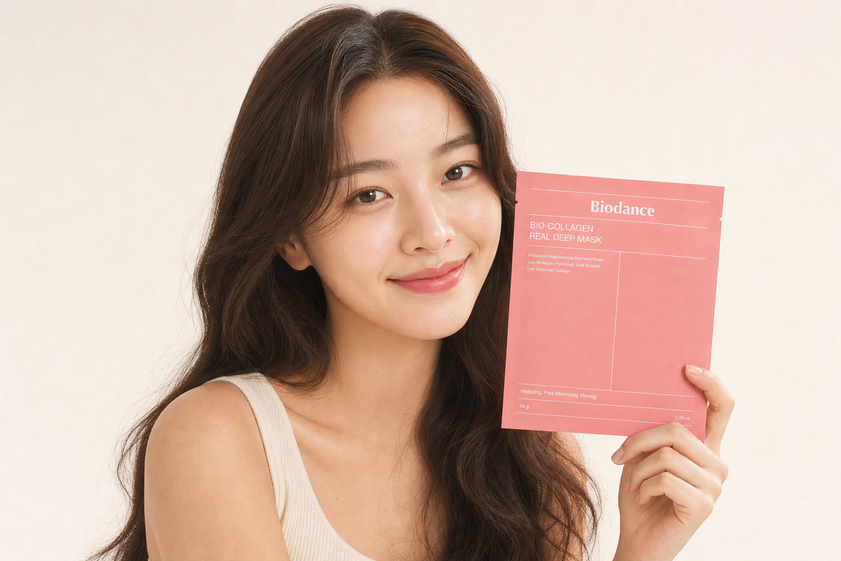 Mujer sonriente de pelo largo ondulado sostiene un sobre rosa de mascarilla de tejido Biodance Bio-Collagen Real Deep Mask