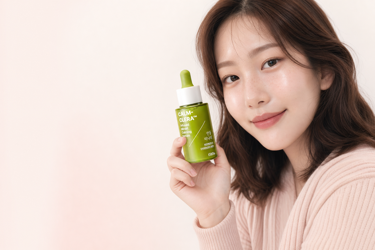 Smiling woman in a pink sweater holding an olive green Calm-Clera calming serum dropper bottle near her face