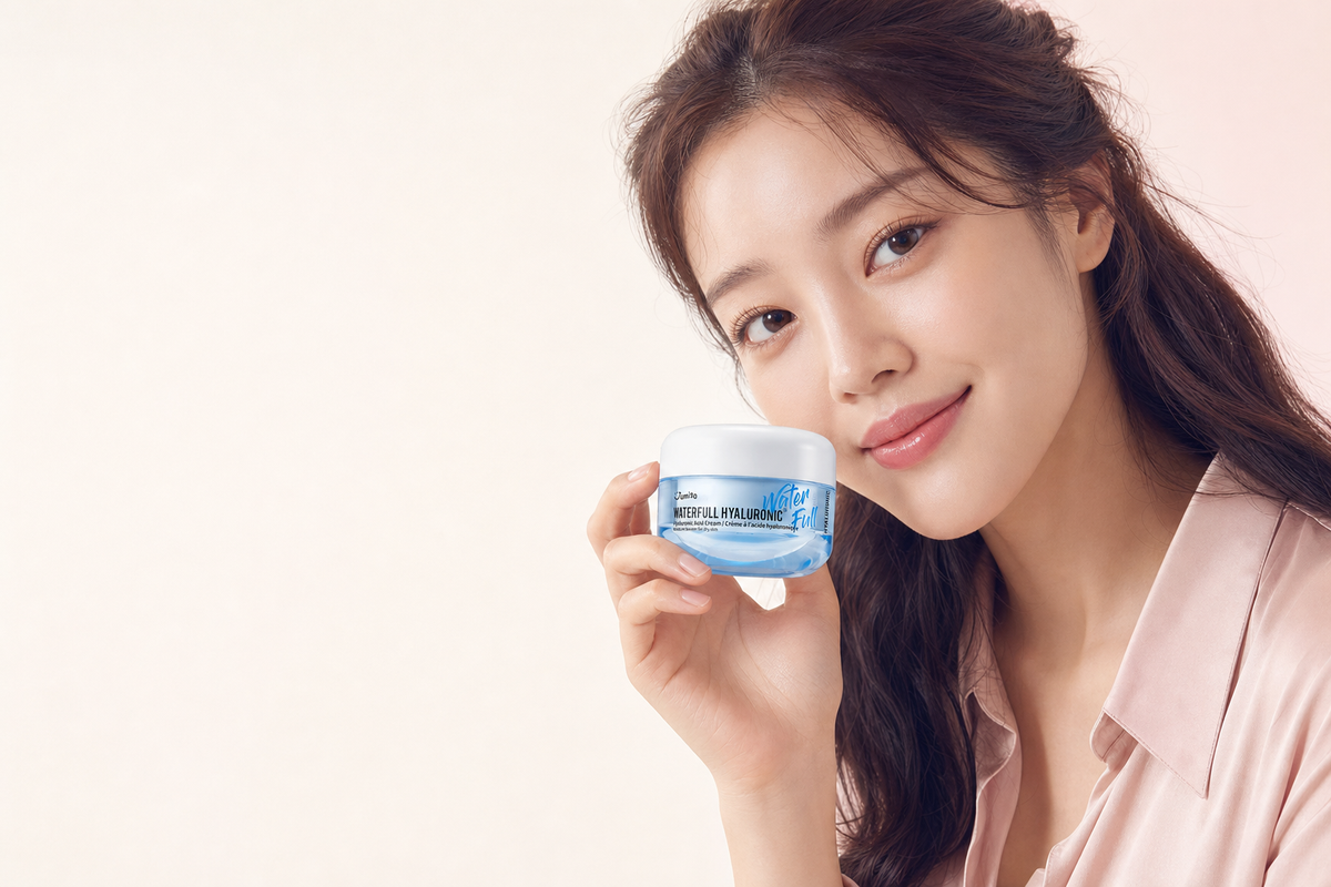 Smiling woman in a satin shirt holding a blue Jumiso Waterfull Hyaluronic cream jar