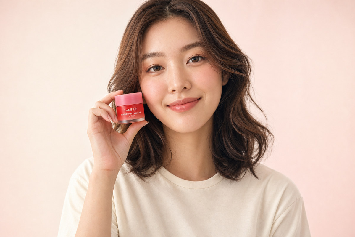 Smiling woman in a cream T-shirt holding a red LANEIGE Lip Sleeping Mask jar beside her cheek
