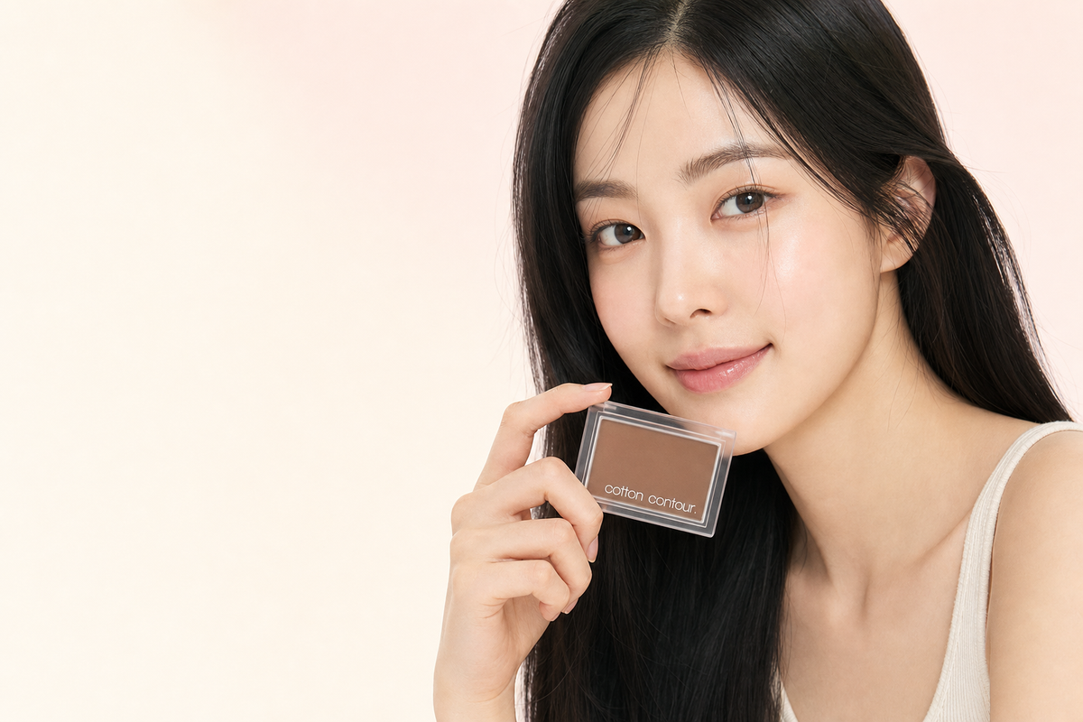 Woman in a cream camisole holding a small Cotton Contour powder compact in a soft brown shade
