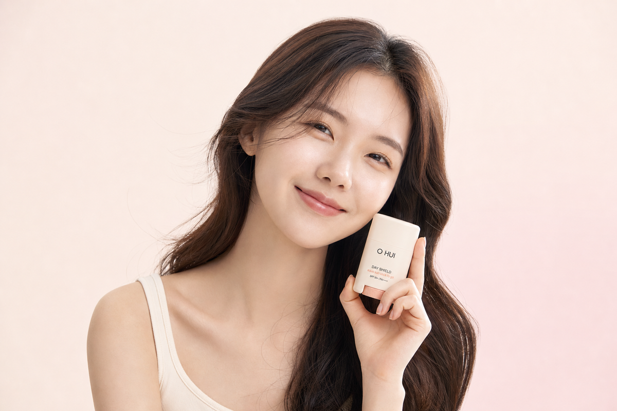 Smiling woman with long hair holding an O HUI Day Shield sun stick to her cheek on a soft pink background