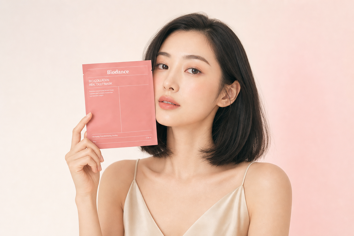 Mujer con top de tirantes de satén sostiene un sobre rosa de mascarilla de tejido Biodance Bio-Collagen Real Deep Mask