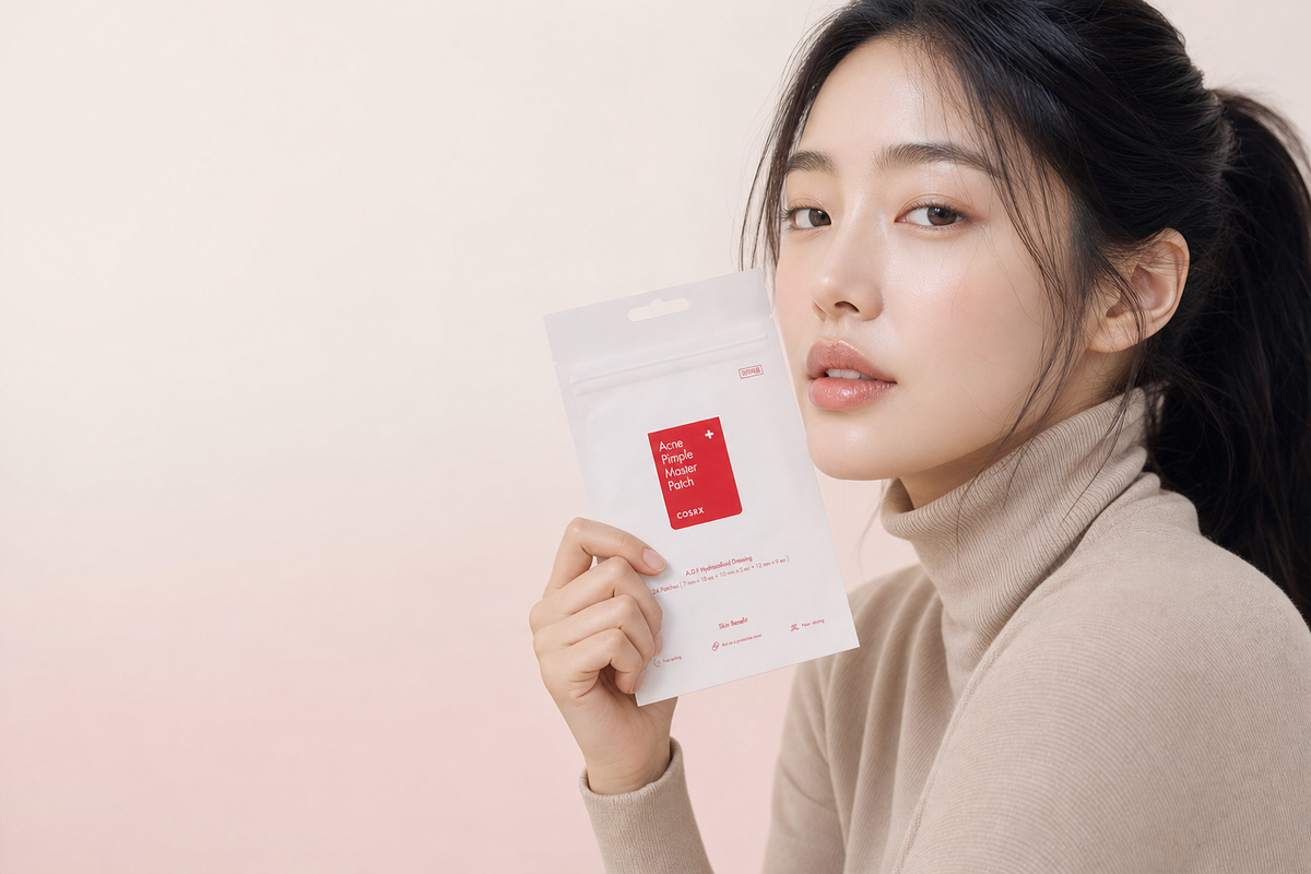 Woman in a beige turtleneck holding a COSRX Acne Pimple Master Patch pack beside her face