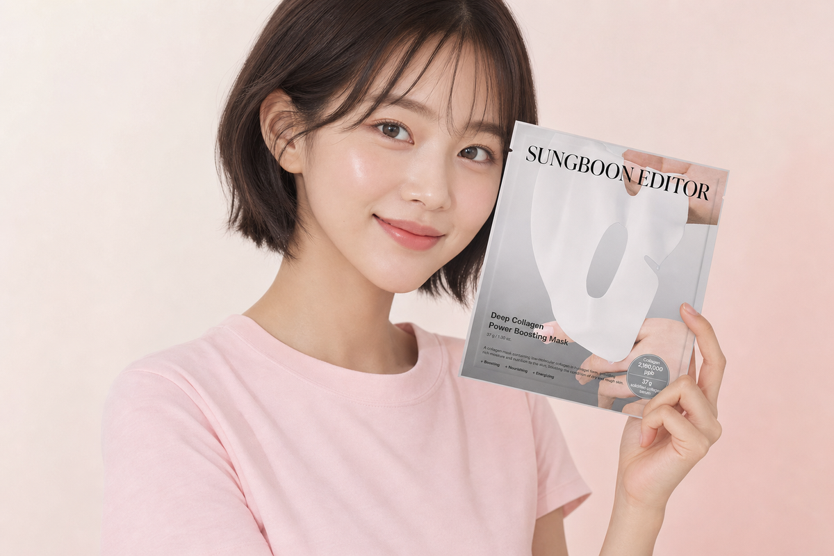 Leende kvinna med kort page håller en ask Sungboon Editor Deep Collagen Power Boosting Mask