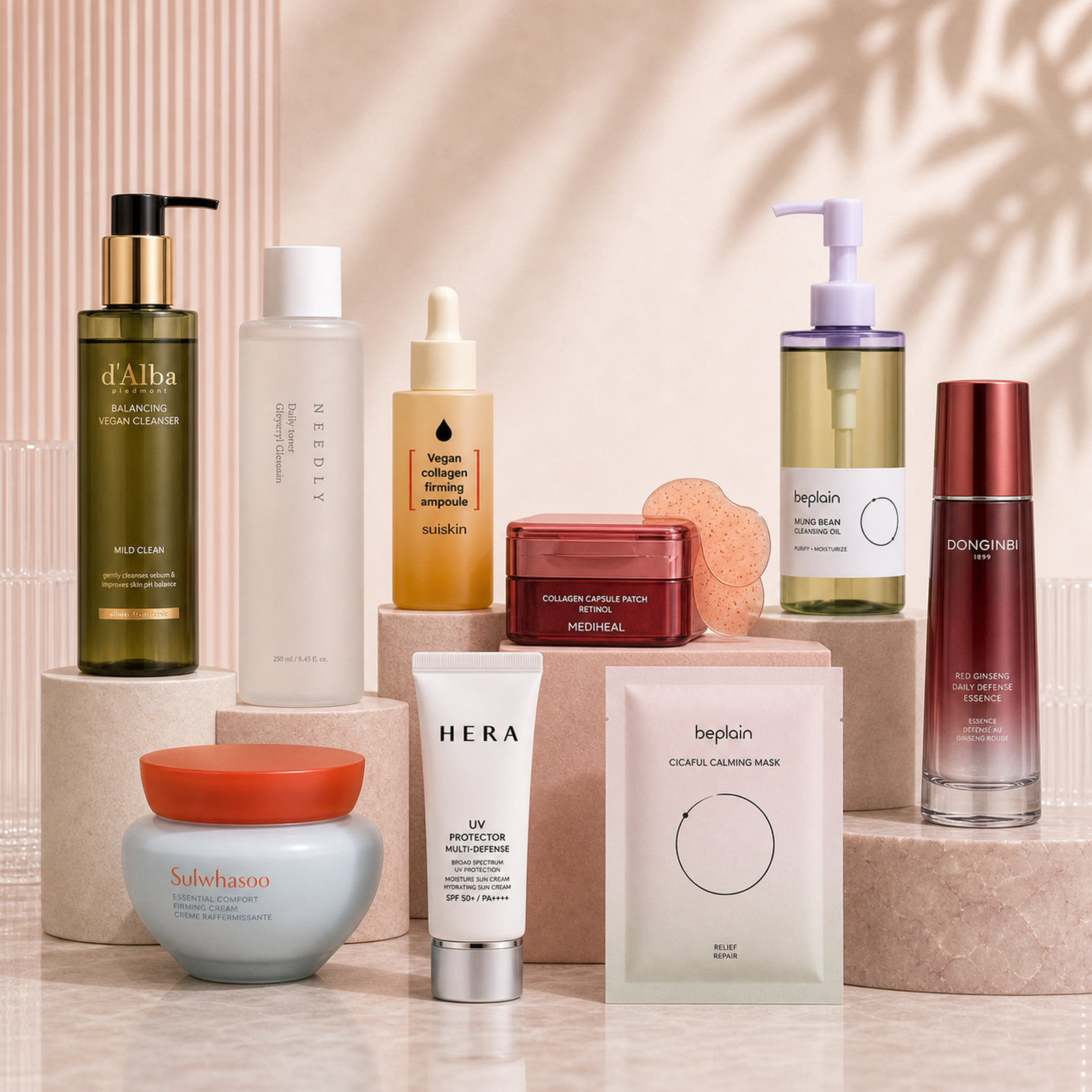 Age Defense Pro Korean skincare kit with 9 products including Mung Bean Cleansing Oil 200ml, Mild Skin Balancing Vegan Cleanser 200ml, Daily Toner 250ml