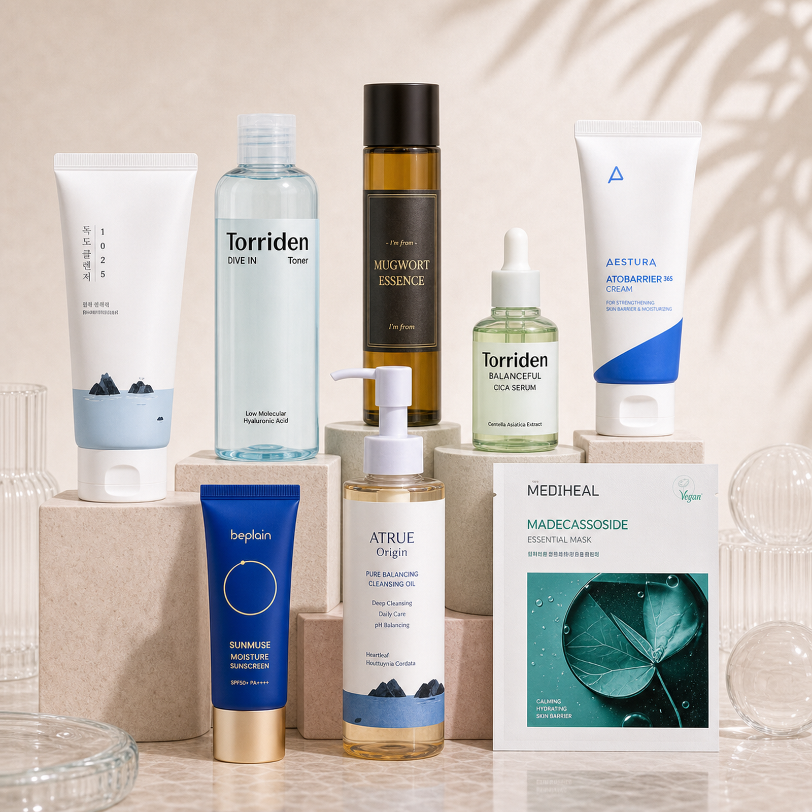 Hydration & Barrier Builder Korean skincare kit with 8 products including Origin Pure Balancing Cleansing Oil 150ml, 1025 Dokdo Cleanser 150ml, DIVE IN Low Molecular Hyaluronic Acid Toner 300ml