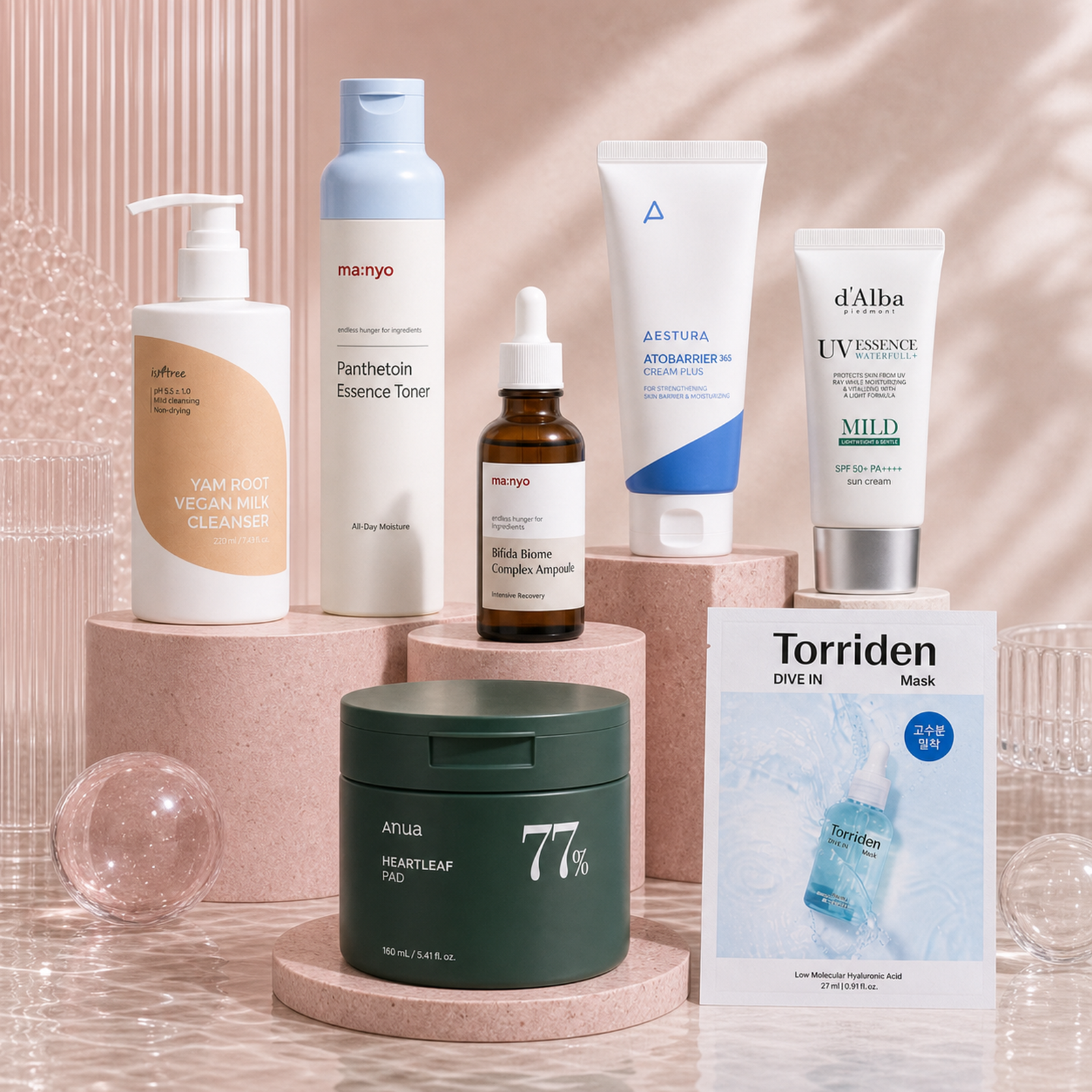 Clear Skin Pro Korean skincare kit in a premium editorial setup