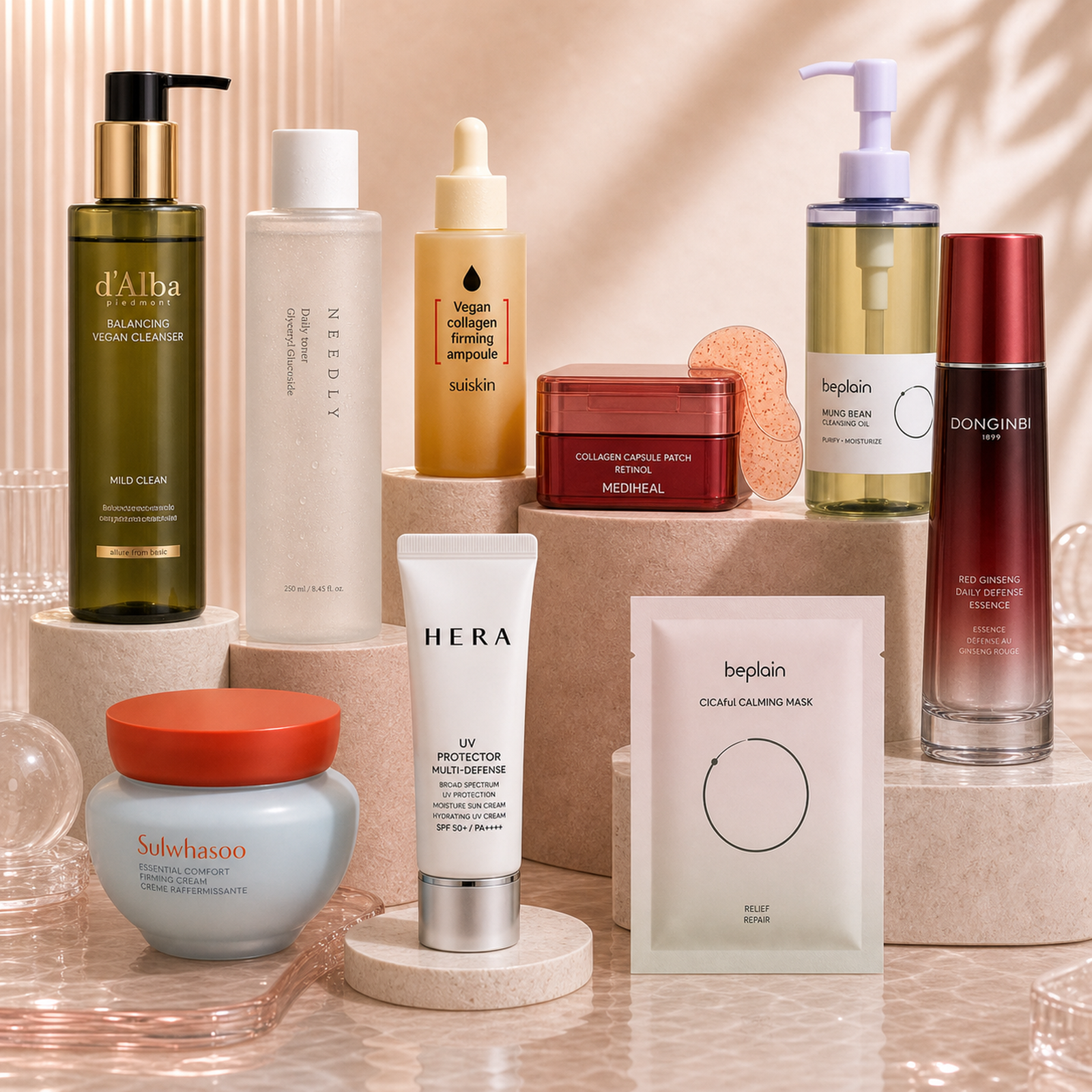 Age Defense Pro Korean skincare kit in a premium editorial setup