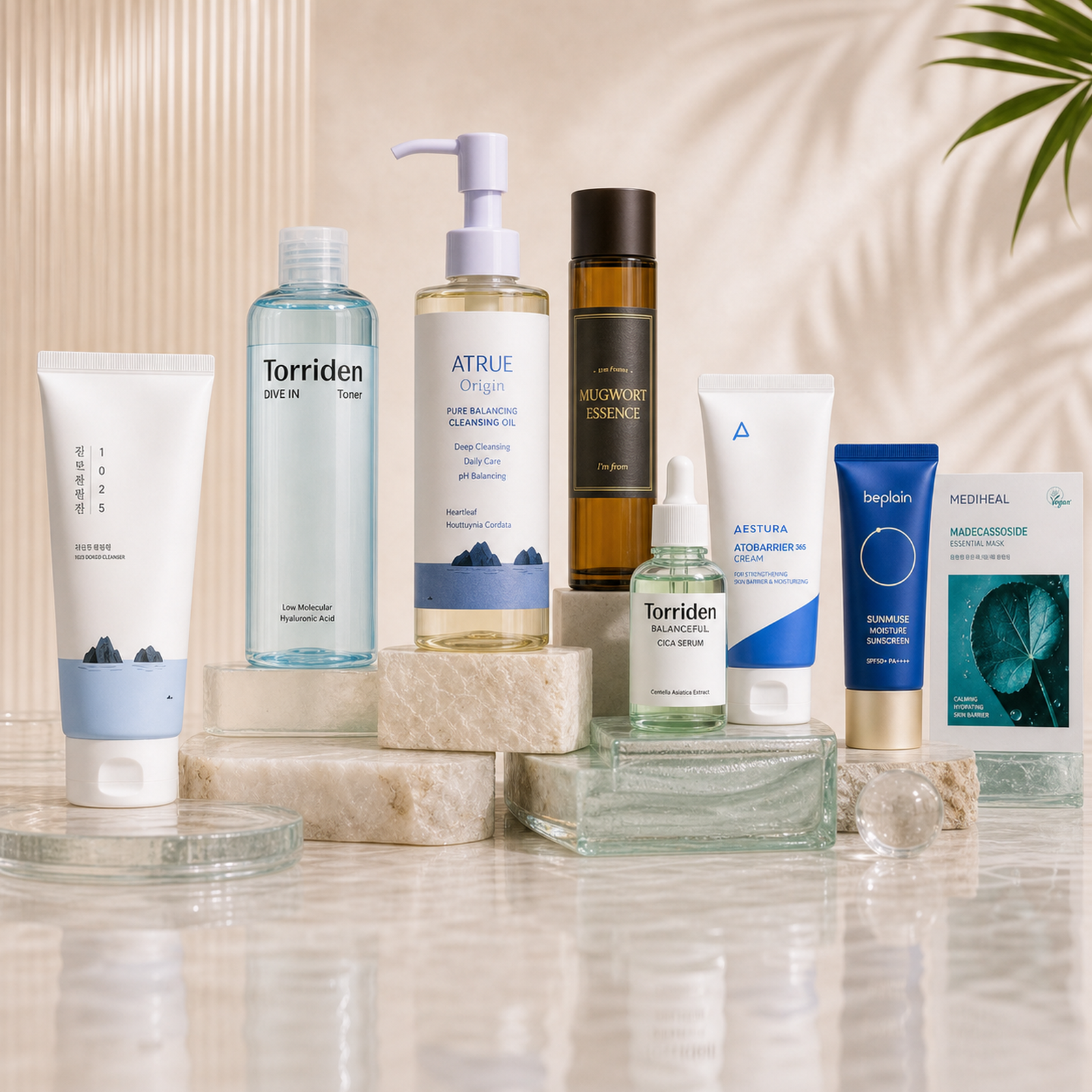 Hydration & Barrier Builder Korean skincare kit in a premium editorial setup