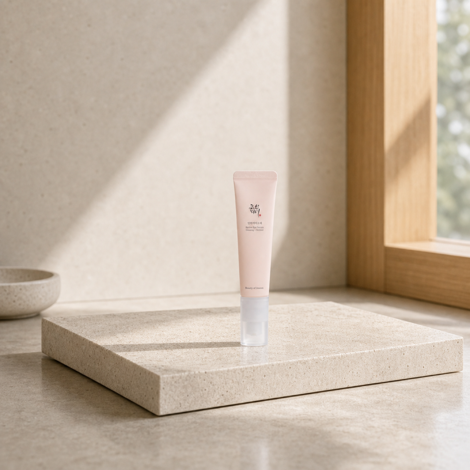 Beauty of Joseon Revive Eye Serum on a premium limestone product display