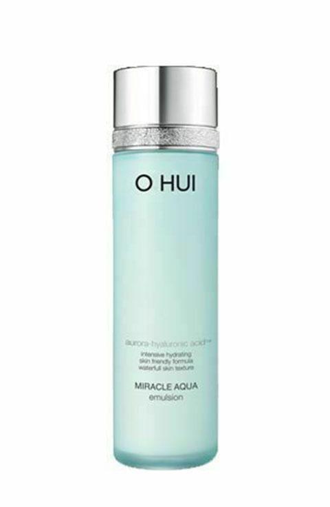 OHui Aqua Emulsion 130ml — light blue pump bottle with clean minimalist label, front view