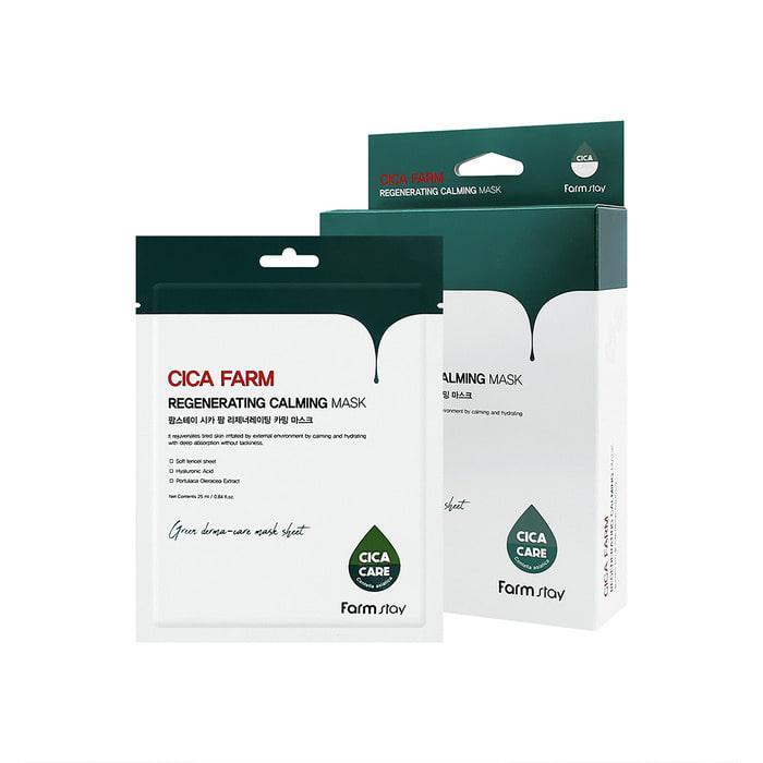 Farmstay Cica Farm Regenerating Calming Mask 10 sheets — sheet mask box with cica green design