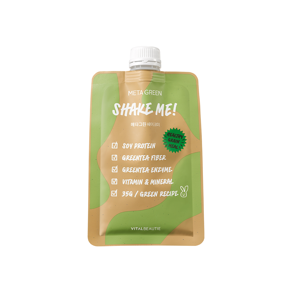 VitalBeautie Meta Green Shake Me 7 Sachets — single sachet pouch with box behind