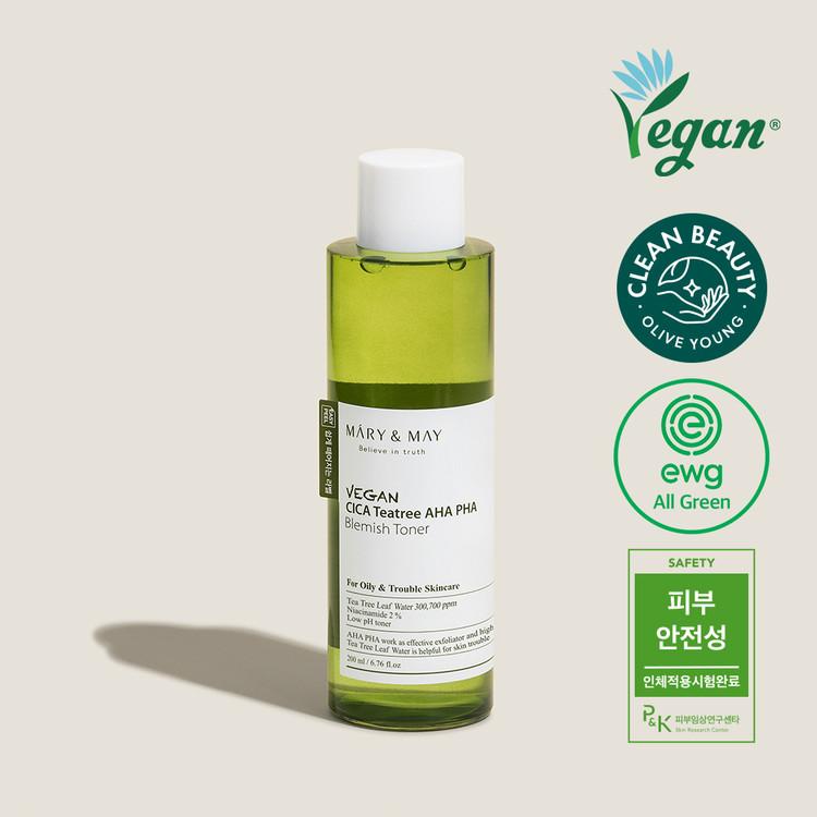 Mary&May Vegan CICA Tea Tree AHA PHA Blemish Toner 200ml — clear bottle with green label, pump dispenser