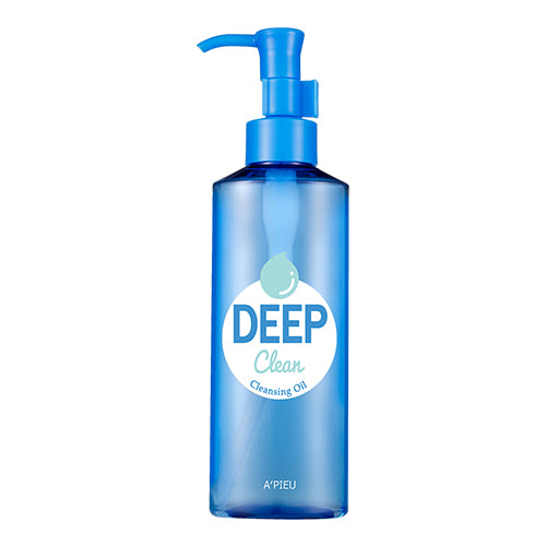 Apieu Deep Clean Cleansing Oil 160ml — pump bottle with blue label showing carbonated water bubbles