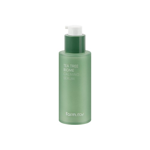 Farmstay Tea Tree Biome Calming Serum 50ml — pump bottle with green biome label, side view