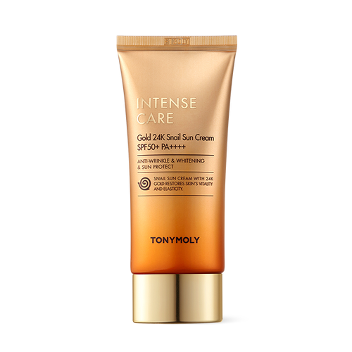TONYMOLY Intense Care Gold24K Snail Sun Cream SPF50+ PA++++ 50ml — gold tube with cap on white background