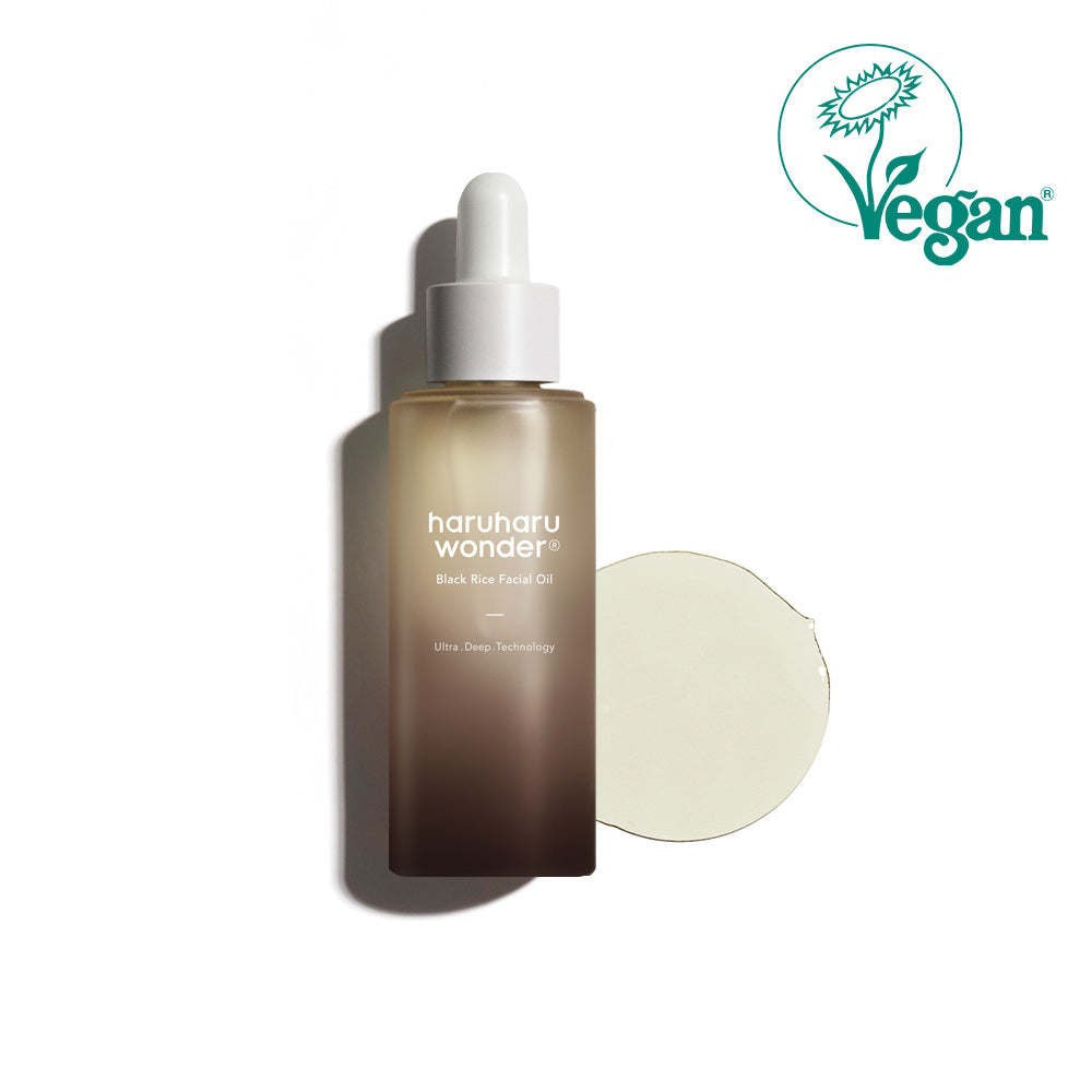 haruharuwonder Black Rice Facial Oil 30ml — dropper bottle with rice bran oil, side angle view