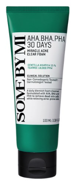 SomeByMi AHA+BHA Acne Clear Foam 100ml — green tube with flip cap upright on white surface