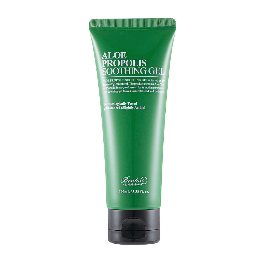 Benton Aloe Propolis Soothing Gel 100ml — clear tub with green and white label, top view