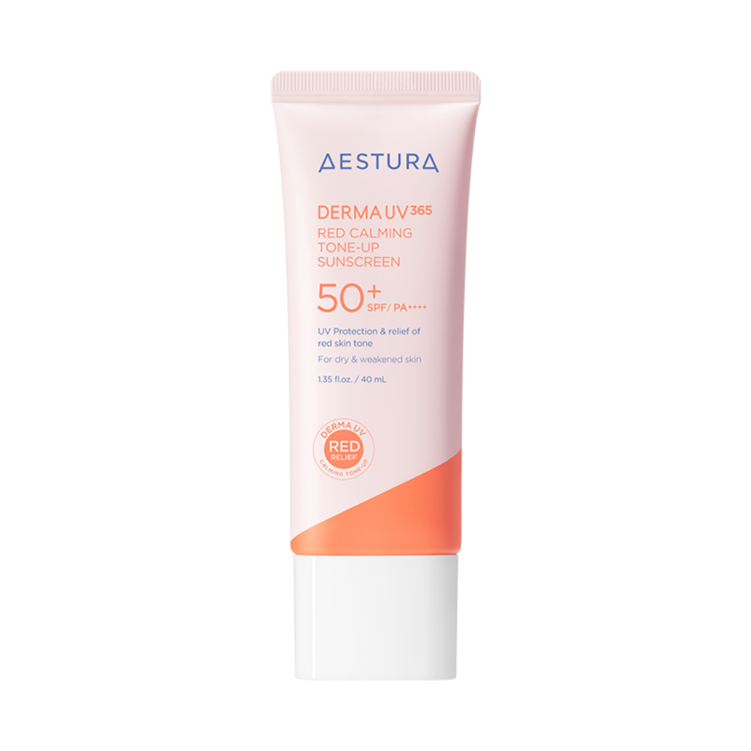 aestura Derma UV365 Red Calming Tone-Up Sunscreen 40ml — pink tube with derma branding on clean background