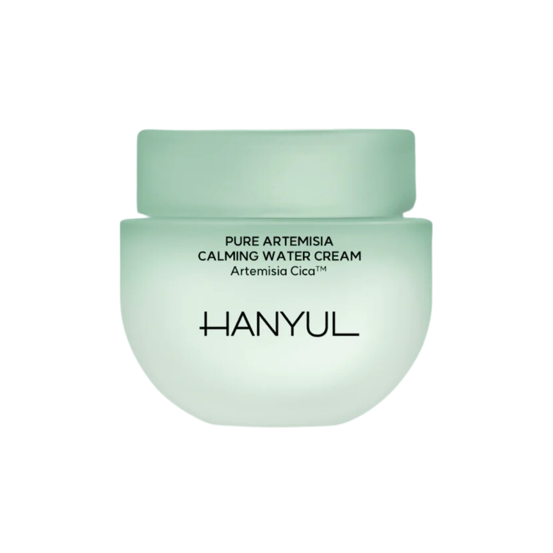 Hanyul Pure Artemisia Watery Calming Cream 55ml — green glass jar with minimal white lid on white surface