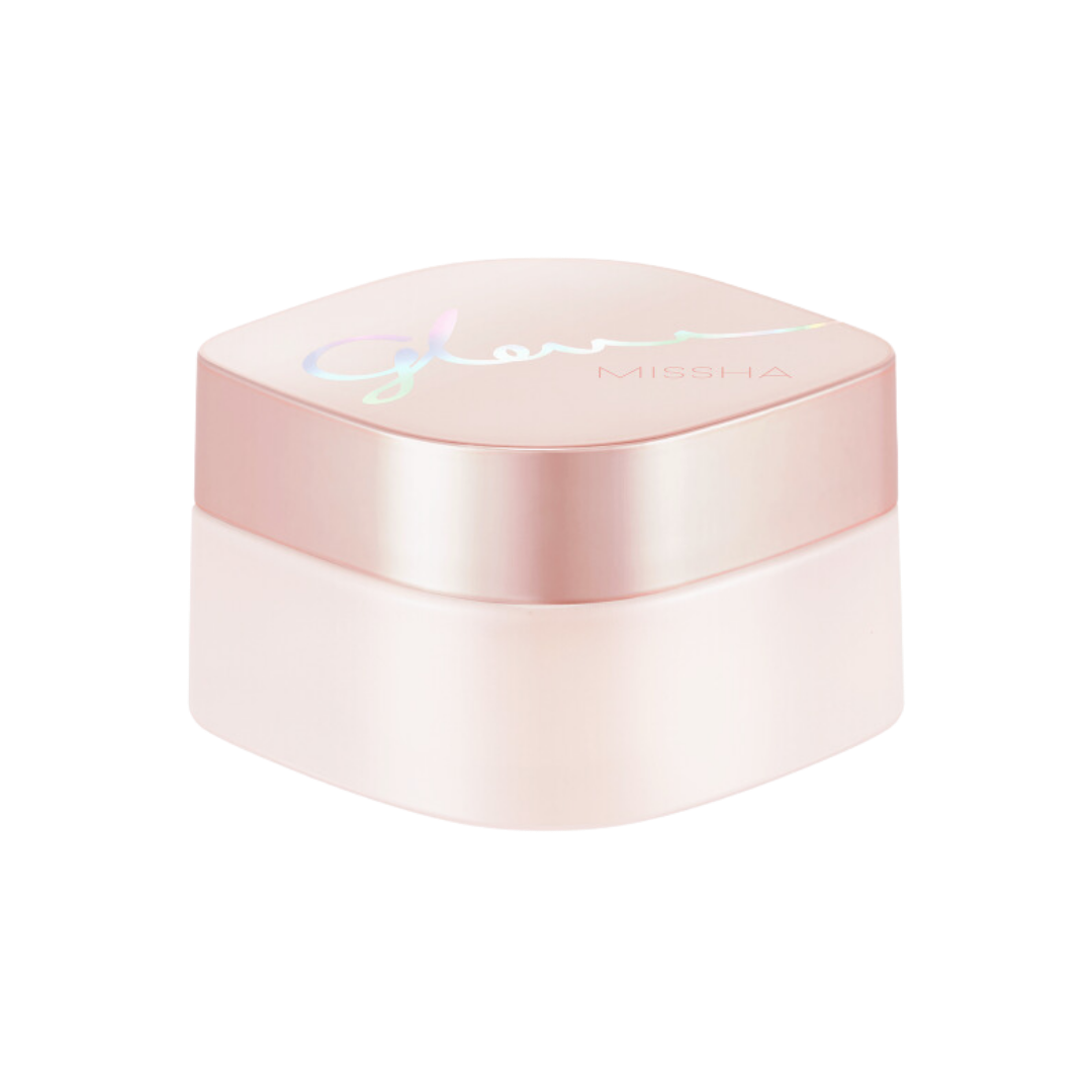 Missha Glow Skin Balm 50ml — pearl-white compact jar with lid open showing balm texture