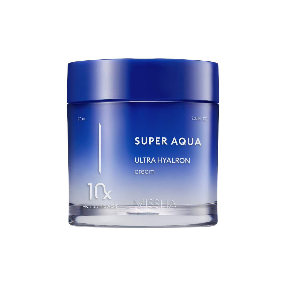 MISSHA Super Aqua Ultra Hyalron Cream 70ml — clean white jar with aqua-blue label detail