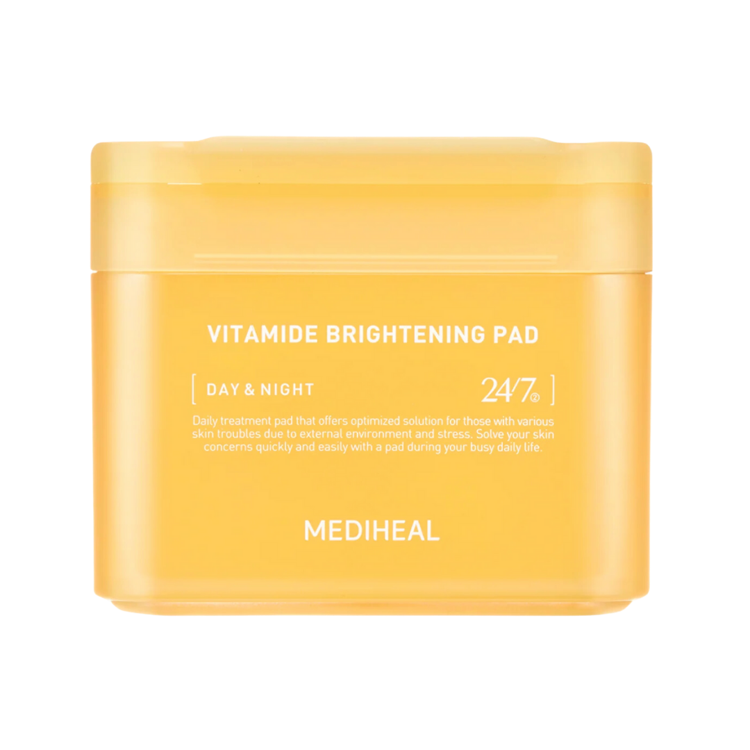 Mediheal Vitamide Brightening Pad 100ea — round tub of 100% cotton brightening pads with lid