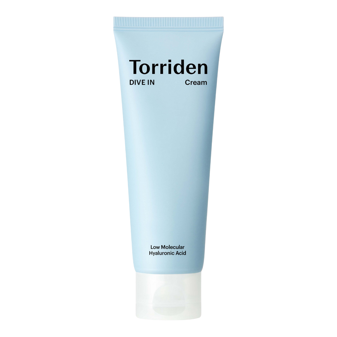 Torriden DIVE-IN Low Molecular Hyaluronic Acid Cream 80ml — jar with lid beside blue-toned packaging