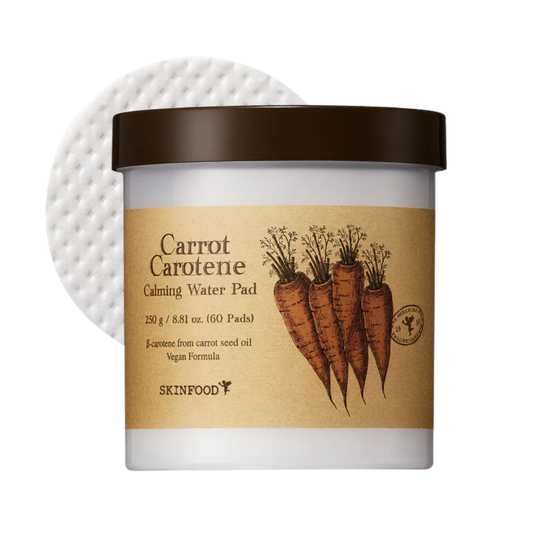 Skinfood Carrot Carotene Calming Water Pad 250g — tub of 60 cotton pads with orange carrot branding