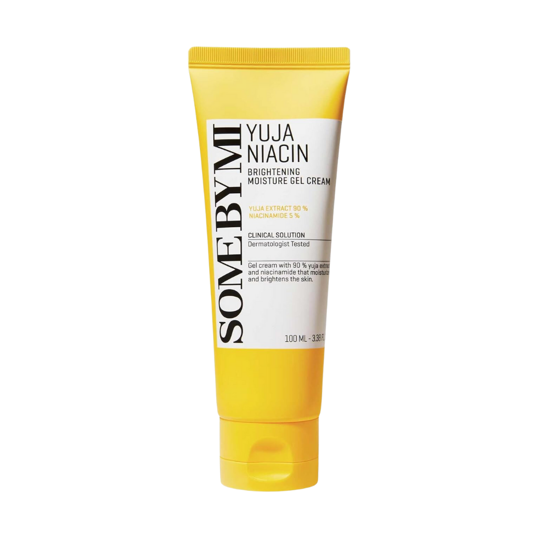 SomeByMi Yuja Niacin Brightening Gel Cream 100ml — yellow tube with flip cap on white background