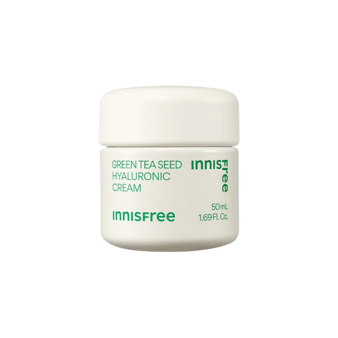 Innisfree Green Tea Hyaluronic Cream 50ml — green glass jar with white lid, front view