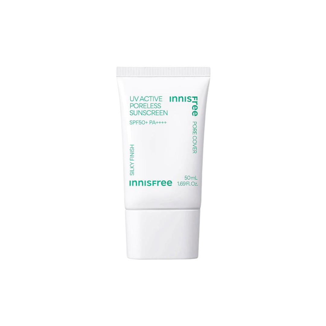 Innisfree UV Active Poreless Sunscreen 50ml — white tube with pump dispenser, front view