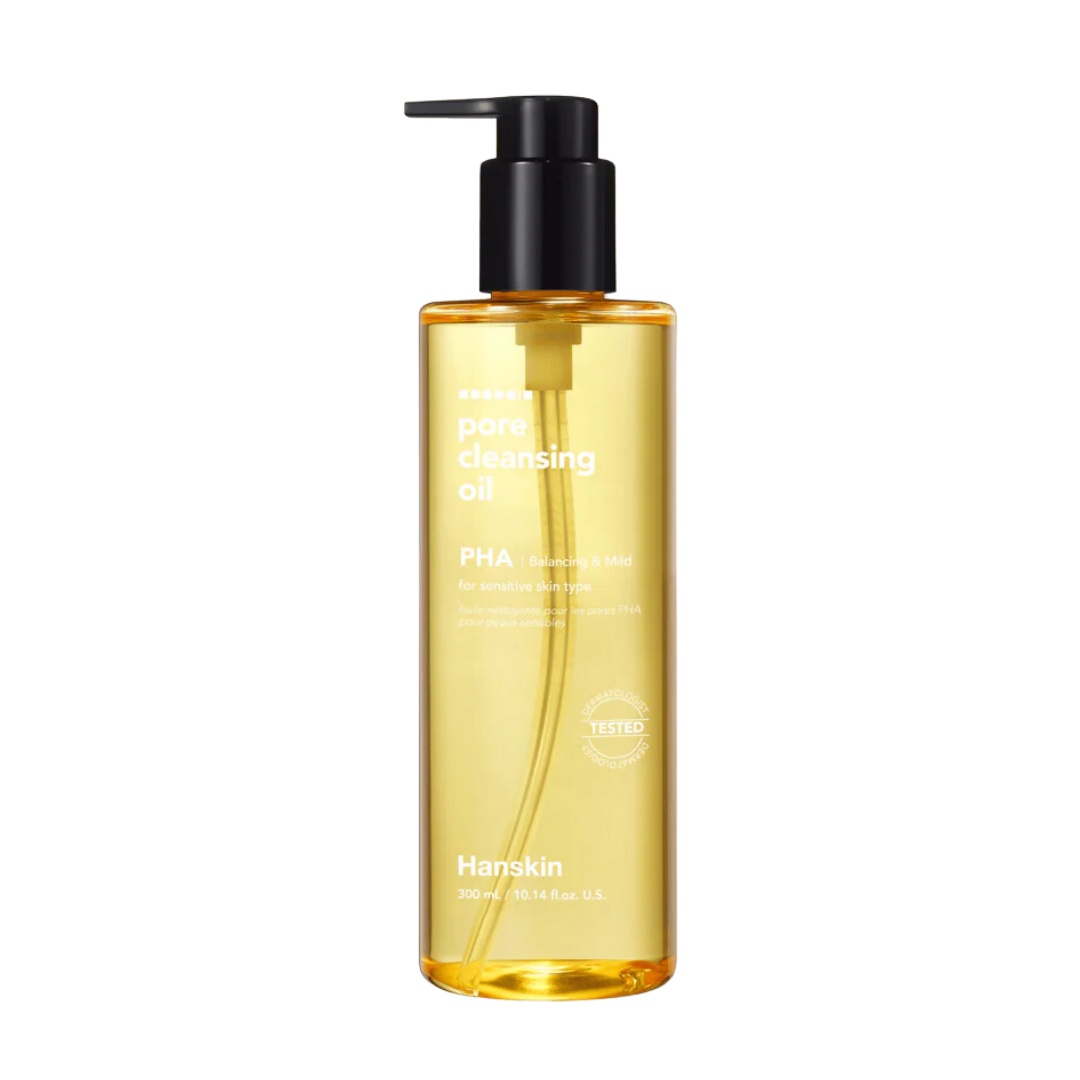 Hanskin PHA Pore Cleansing Oil 300ml — clear pump bottle with pink-toned label, front view