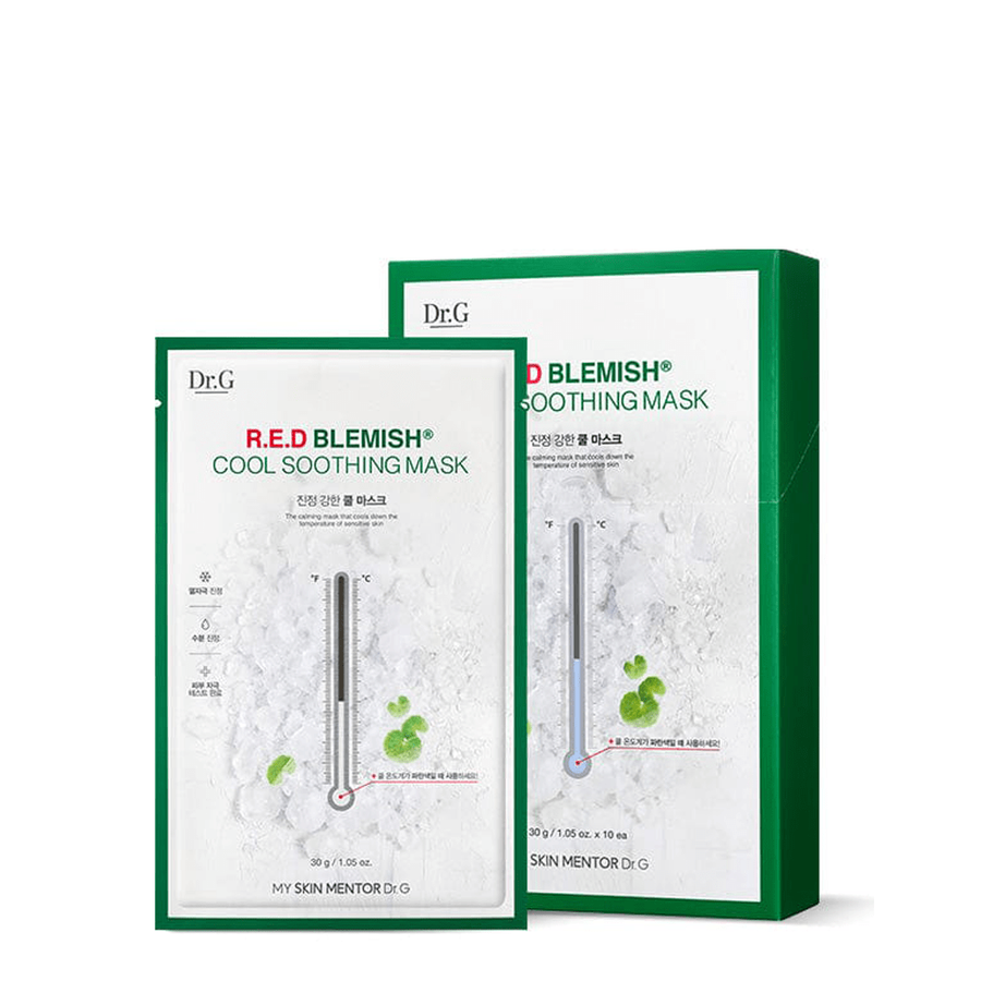 Dr.G Red Blemish Cool Soothing Mask 10ea — sheet mask box with built-in thermometer indicator on front