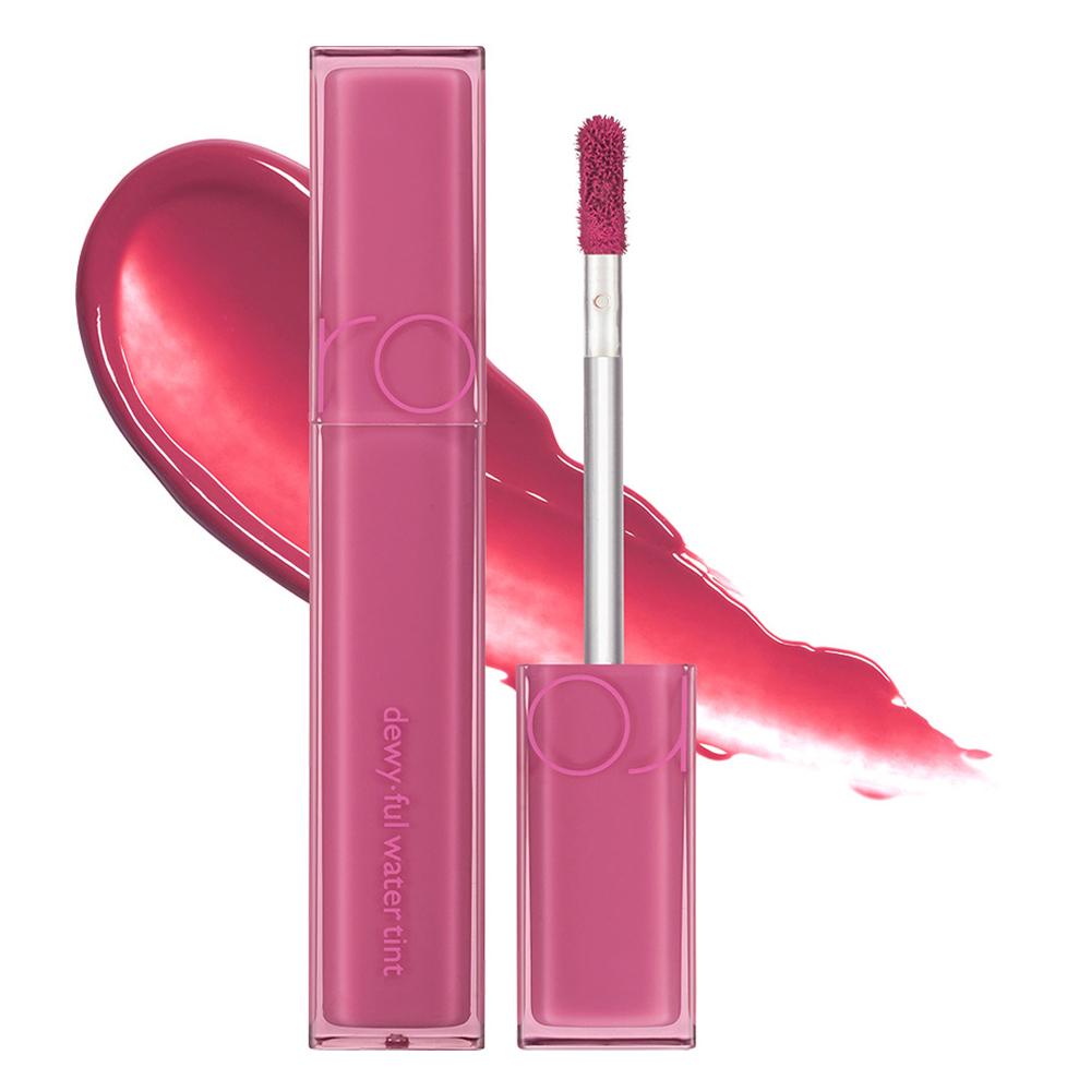 Romand Dewyful Water Tint 5g — model lip shot with coral shade showing water-gloss texture