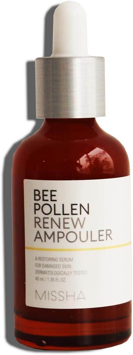 Missha Bee Pollen Renew Ampoule 40ml — golden glass bottle with dropper on neutral background