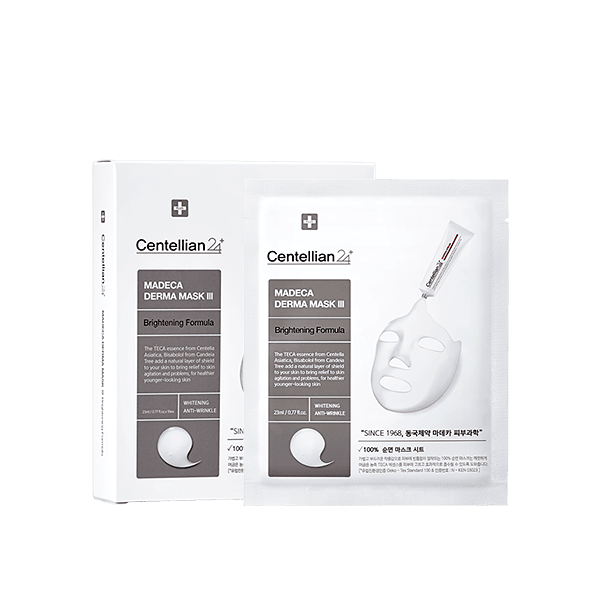 Centellian24 Madeca Derma Mask III Brightening 23ml 10-pack — box with foil sheet mask pouches arranged beside it