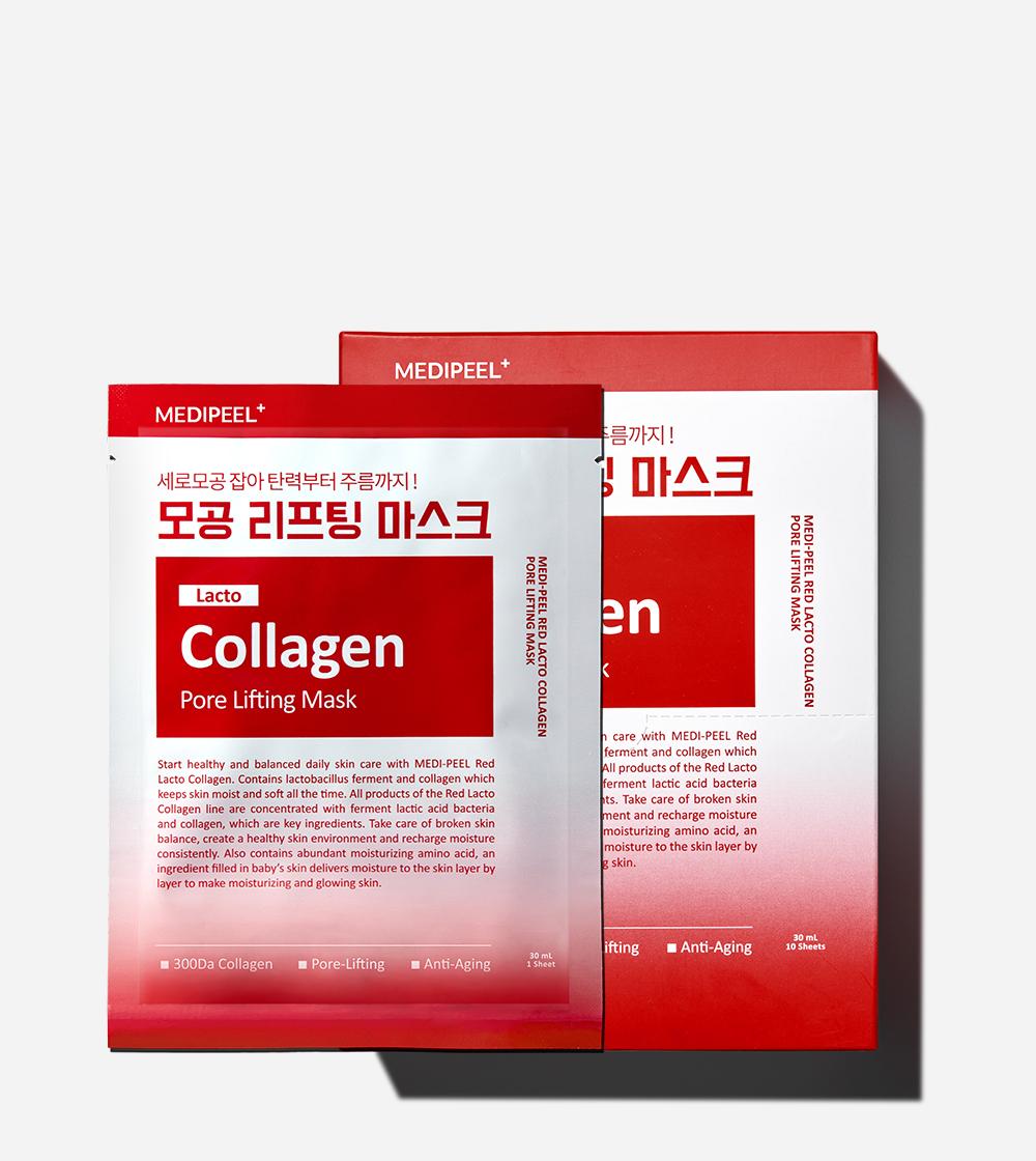 MediPeel Lacto Collagen Pore Lifting Mask 30ml 10ea — white foil sheet mask pouch with red branding