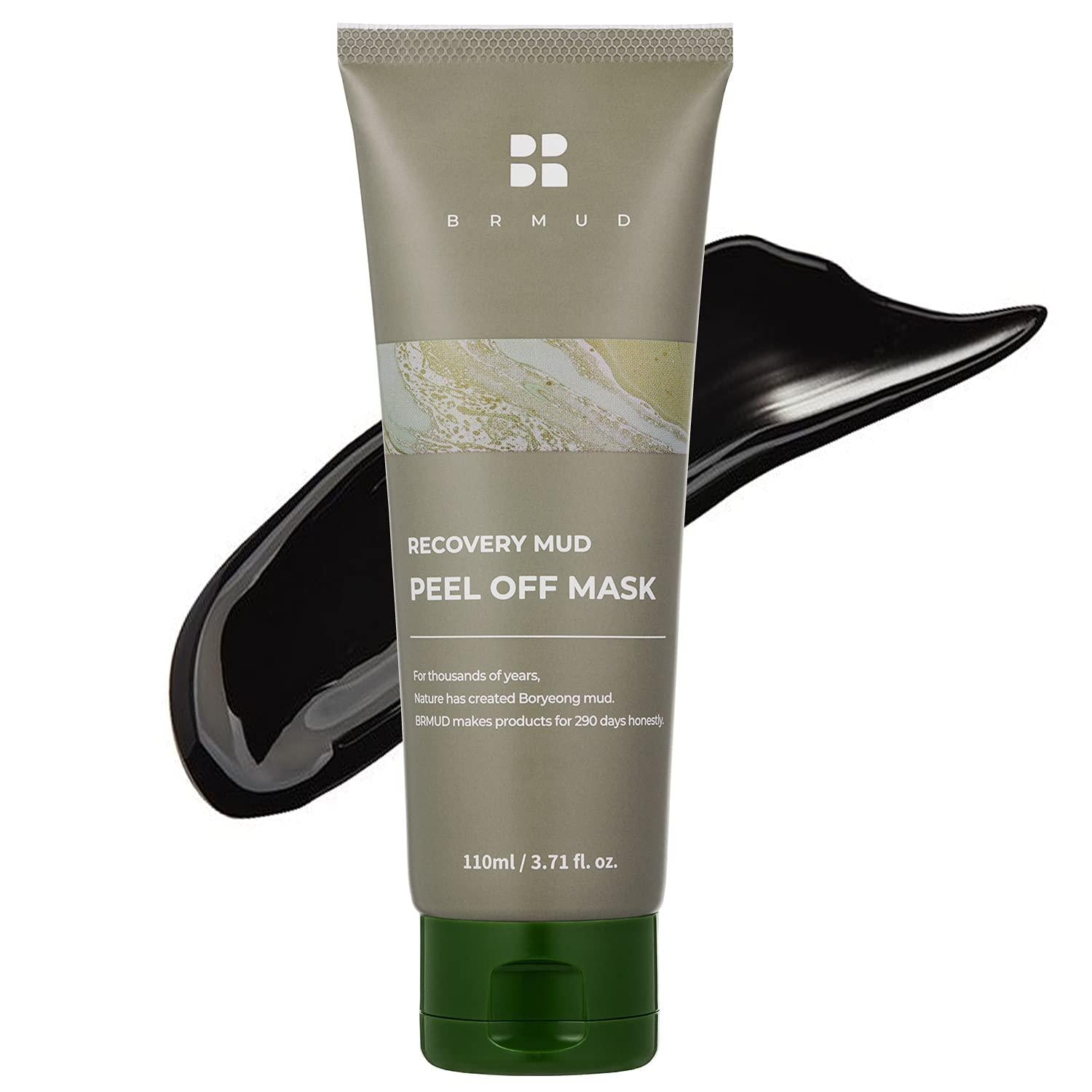 BRMUD Recovery Mud Peel Off Mask 110ml — dark tube with peel-off texture swatch beside it