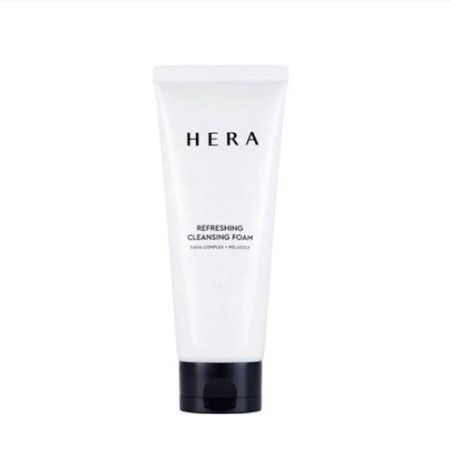 Hera Refreshing Cleansing Foam 160g — white tube with cream-textured foam shown on tile surface